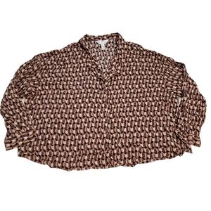 Addition Elle Brown Cream Geometric Print Button Down Blouse